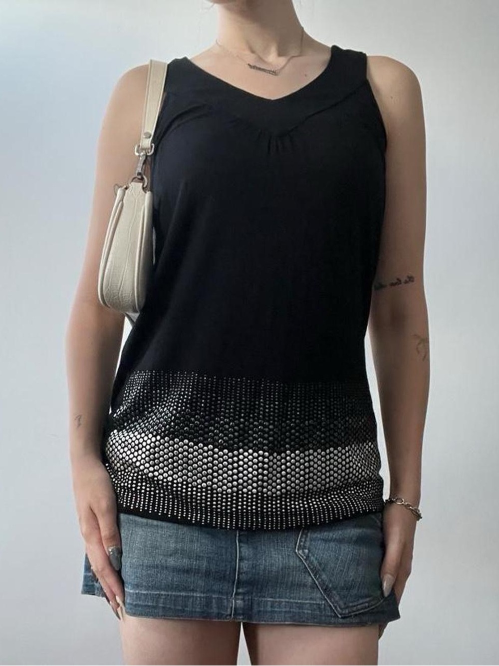 Size Small Y2K Silver Studded Black Tank Top
